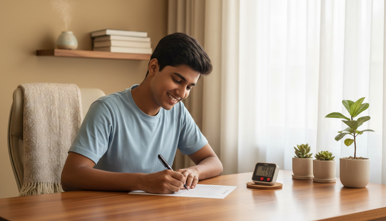 Photo Idea : Student marking answers on an OMR sheet with a stopwatch nearby
