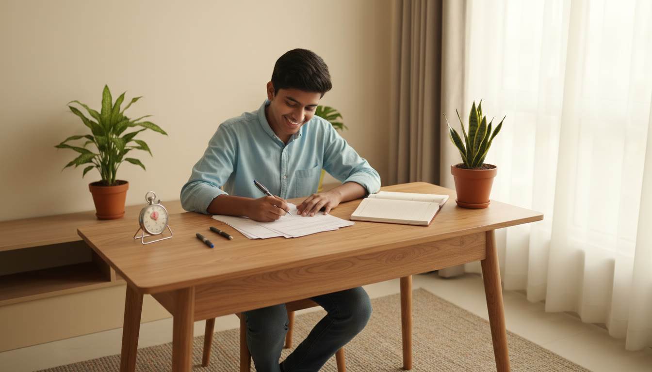 Photo Idea : A student writing a full-length mock test at a desk with a stopwatch and a printed error-log notebook beside them