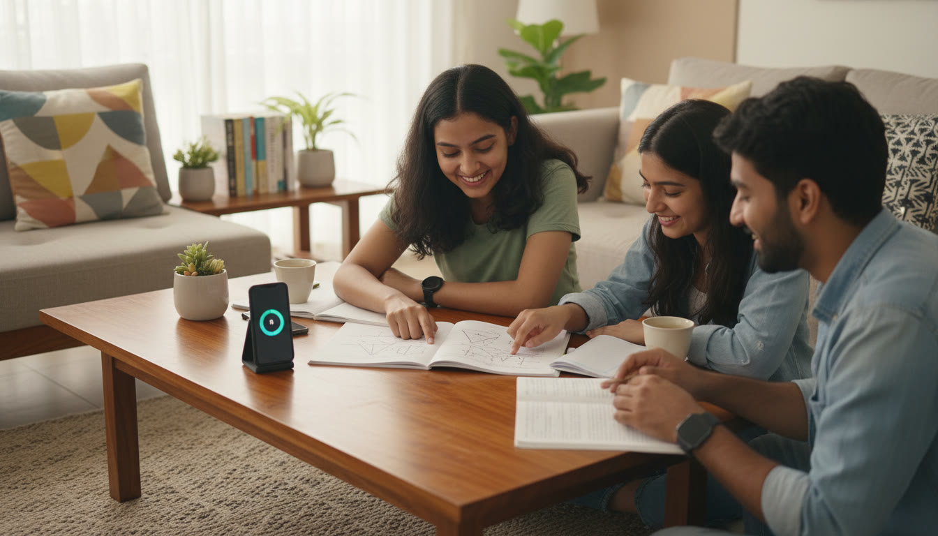Photo Idea : A small group review session with a student pointing at a question paper while a timer runs on a smartphone