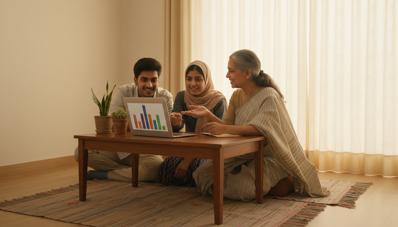 Photo Idea : A small group discussion with a mentor, a student pointing at a laptop showing a simulated seat-allotment chart