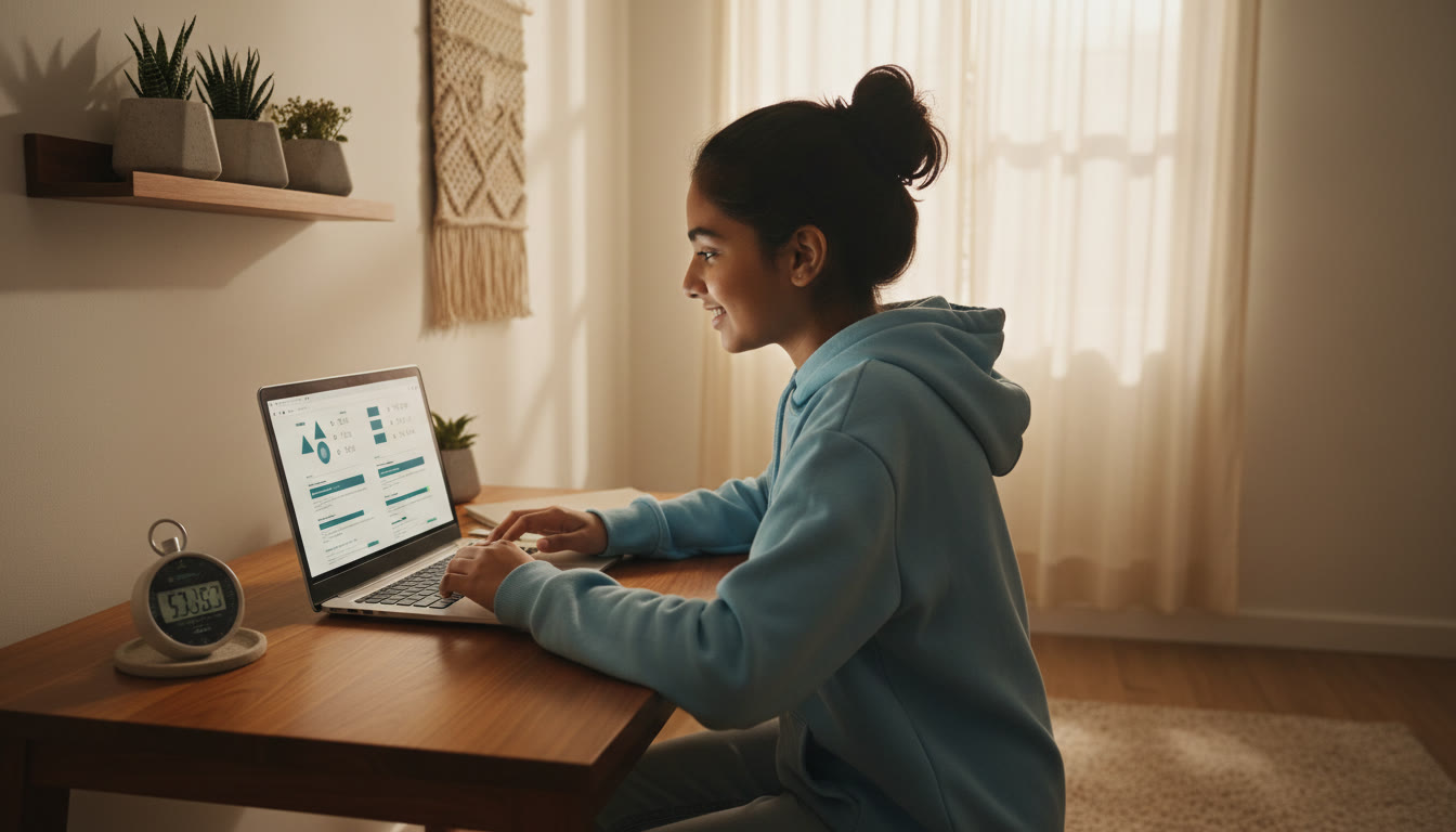 Photo Idea : Student focused at a desk with a laptop showing a mock test interface and a stopwatch nearby