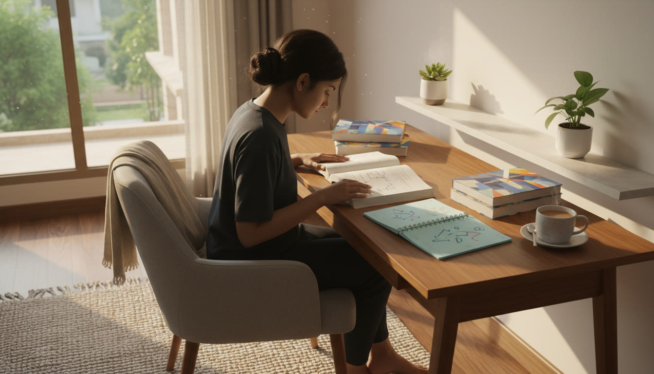 Photo Idea : A focused student at a tidy study desk with ISC textbooks, a planner, and a cup of tea, morning light streaming in