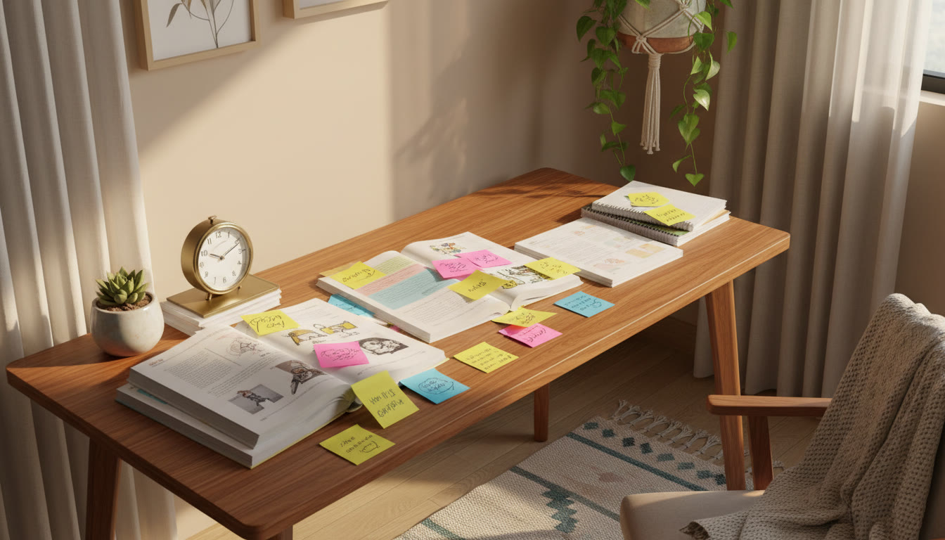 Photo Idea : A student desk with open ISC textbooks, colourful sticky notes, and a small analog clock