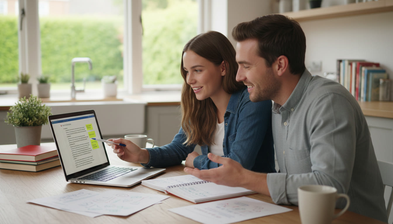 Photo Idea : A student and tutor reviewing a typed Extended Essay draft on a laptop at a kitchen table, highlighted notes visible