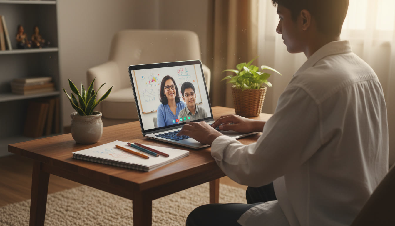 Photo Idea : Small one-on-one online tutoring session visible on a laptop screen with notes and a warm background