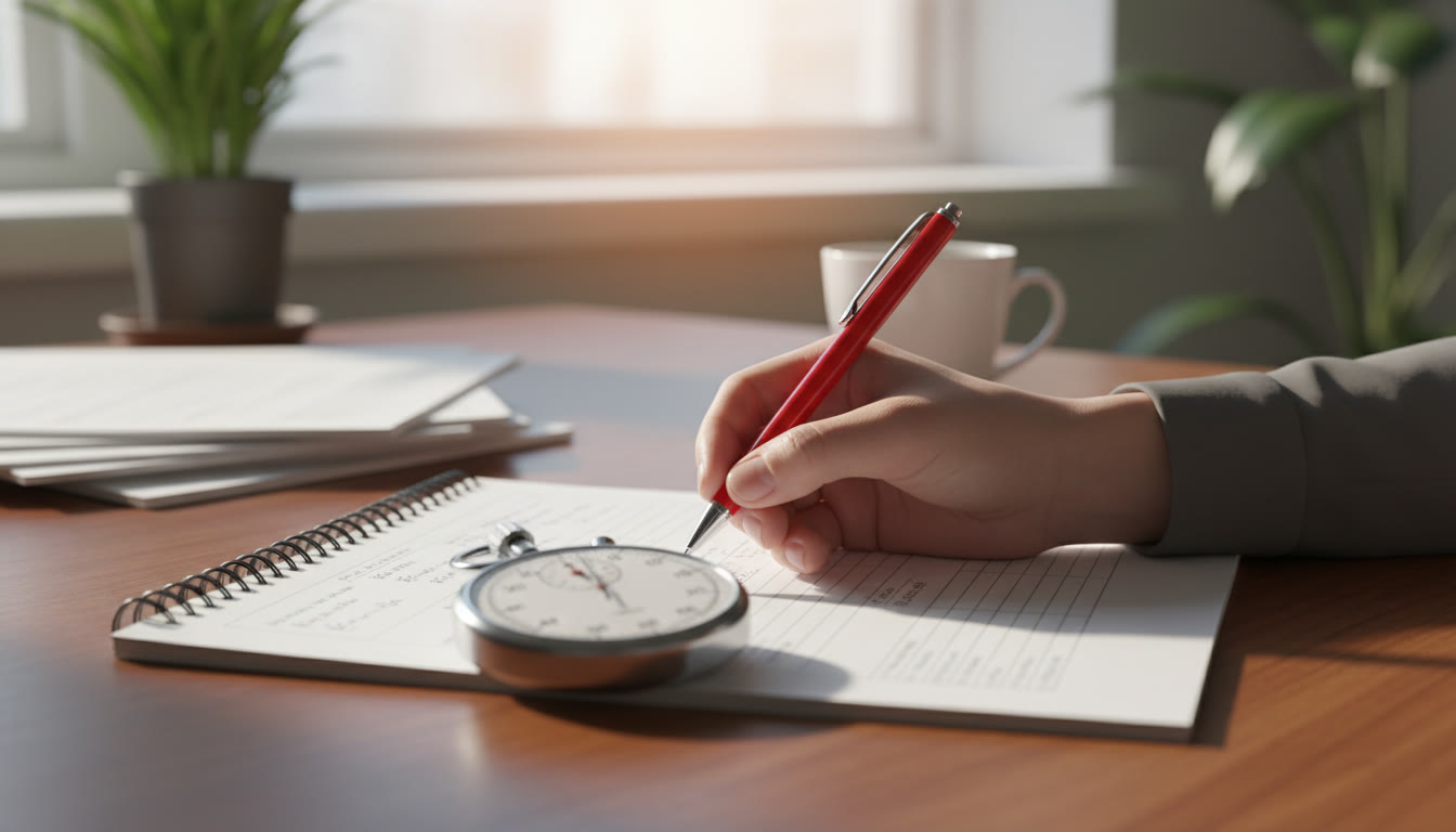Photo Idea : Close-up of a hand marking an IB past paper with a stopwatch nearby