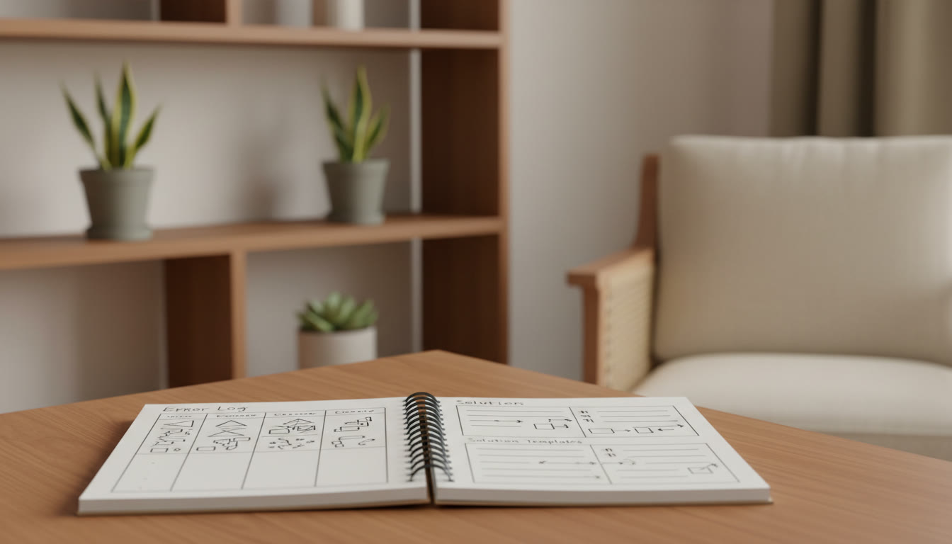 Photo Idea : Close-up of a notebook showing an error log table and short solution templates
