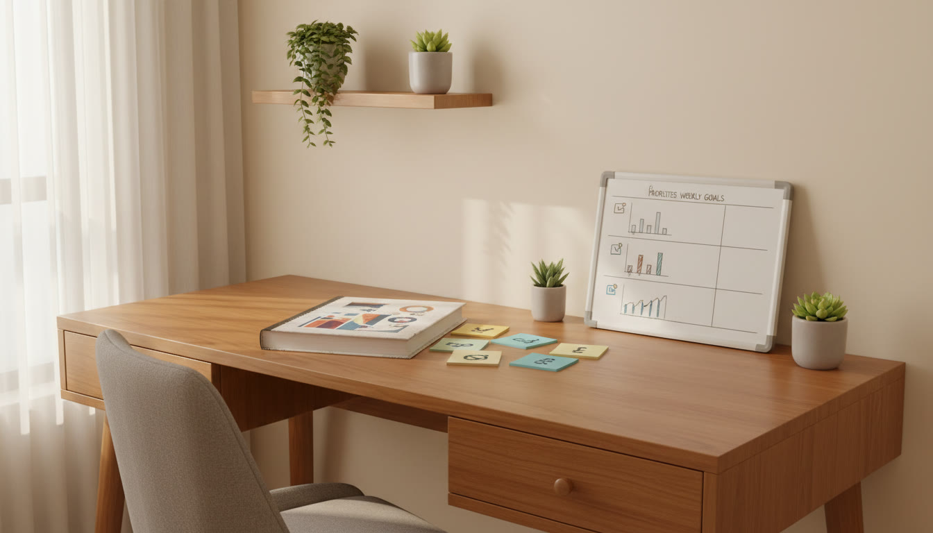Photo Idea : A tidy study desk with a printed error-log, sticky notes for topics, and a small whiteboard with prioritized weekly goals.