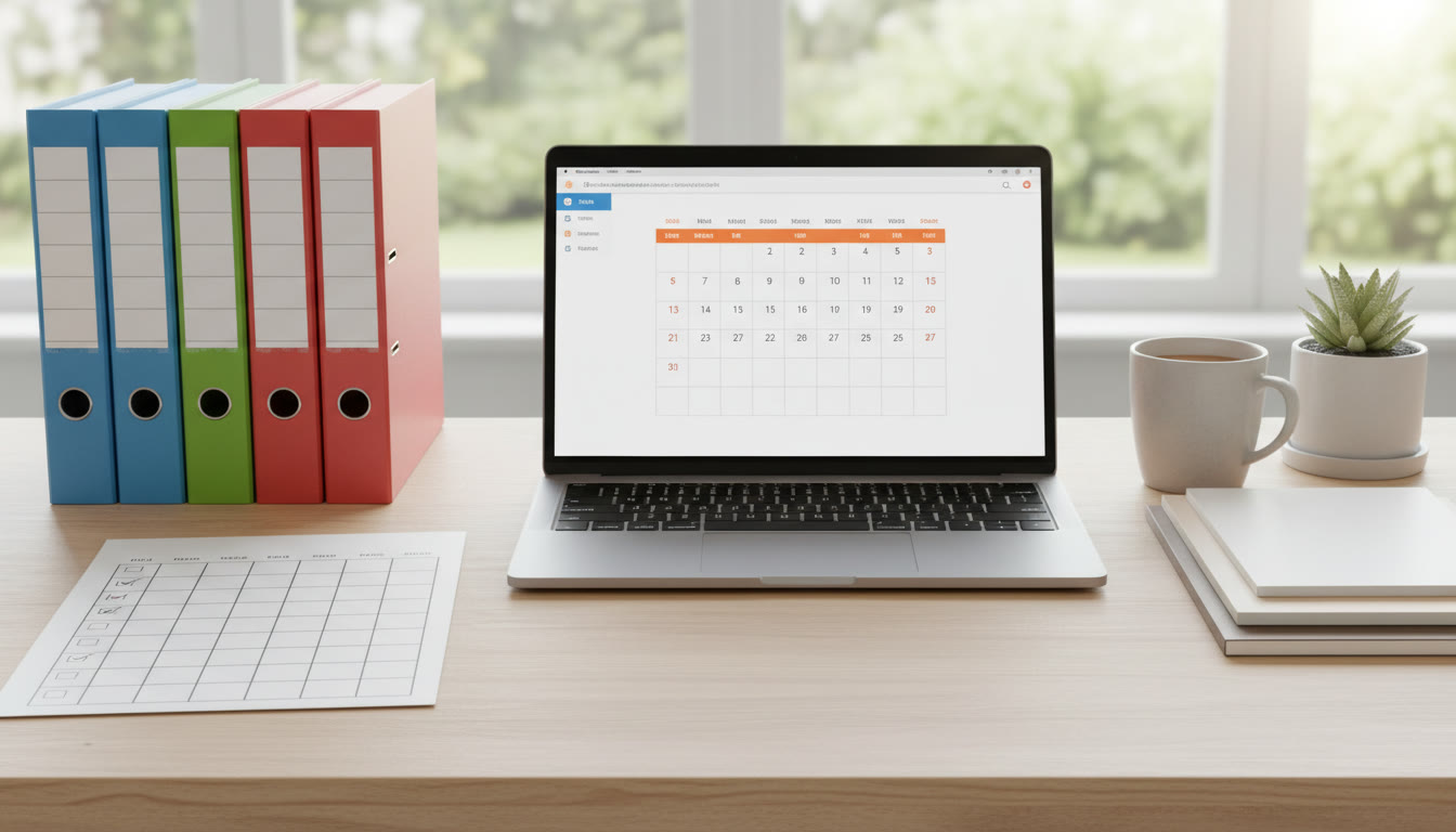 Photo Idea : A tidy study space with a printed checklist, labeled folders, and a digital calendar showing a deadline