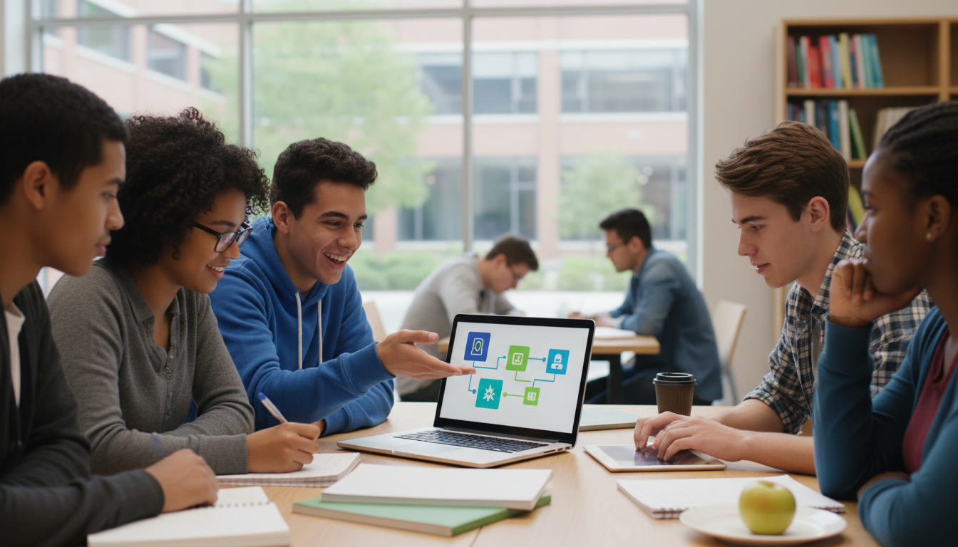 Photo Idea : A small team of students gathered around a laptop, one explaining a prototype app while others take notes