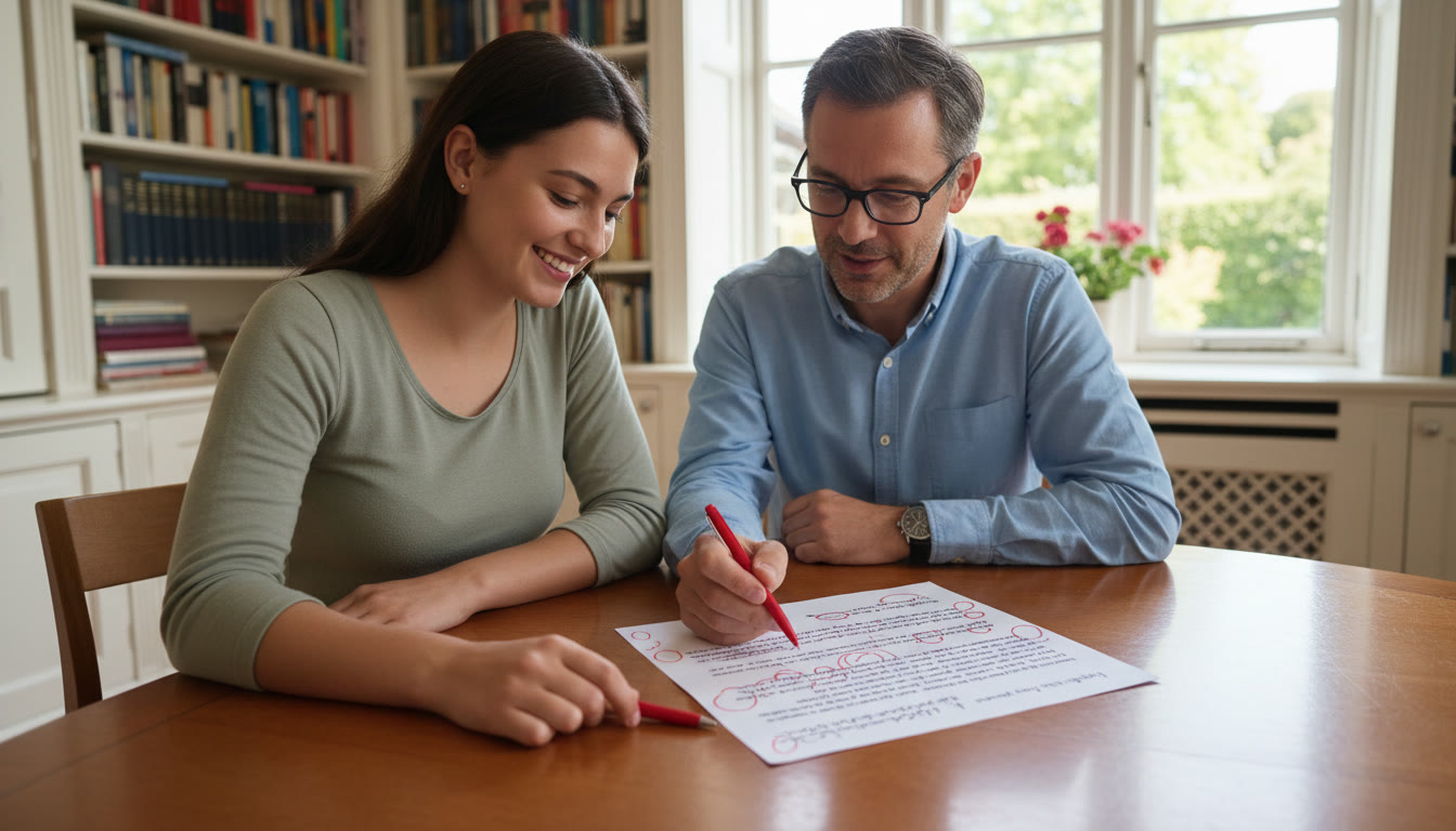 Photo Idea : A student reviewing a marked essay with a teacher, red pen and correction notes visible