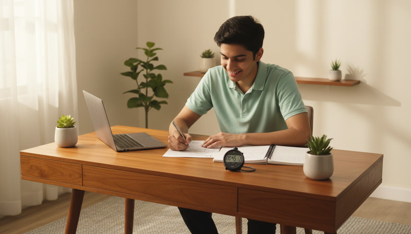 Photo Idea : [Student focused at a desk, solving a timed JEE-style paper with a stopwatch and notebook beside a laptop]