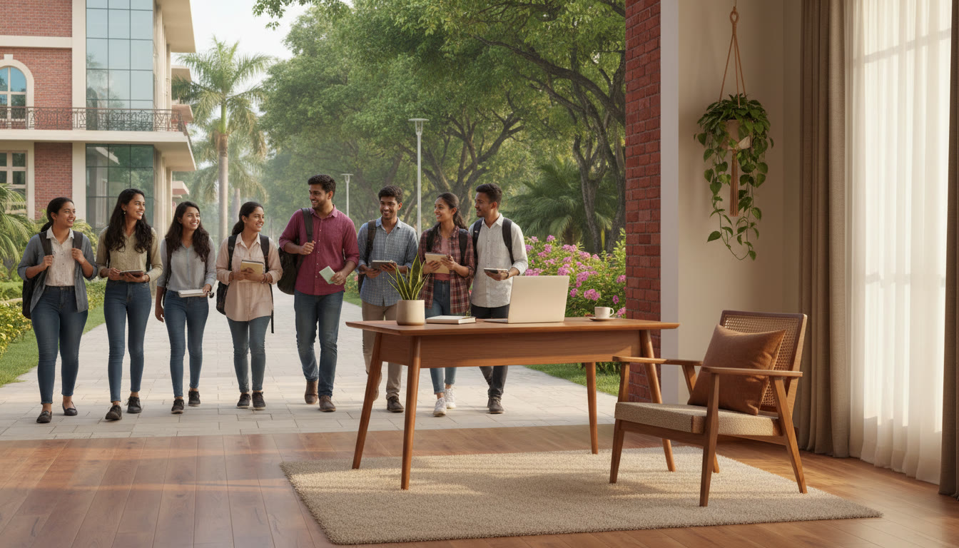 Photo Idea : Students walking between campus buildings carrying backpacks with lush green trees in the background
