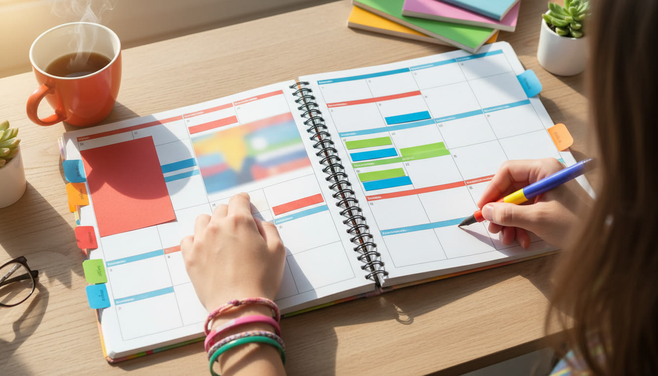 Photo Idea : Open two‑year planner with colored tabs marking IA deadlines, mock exams, and final sprint