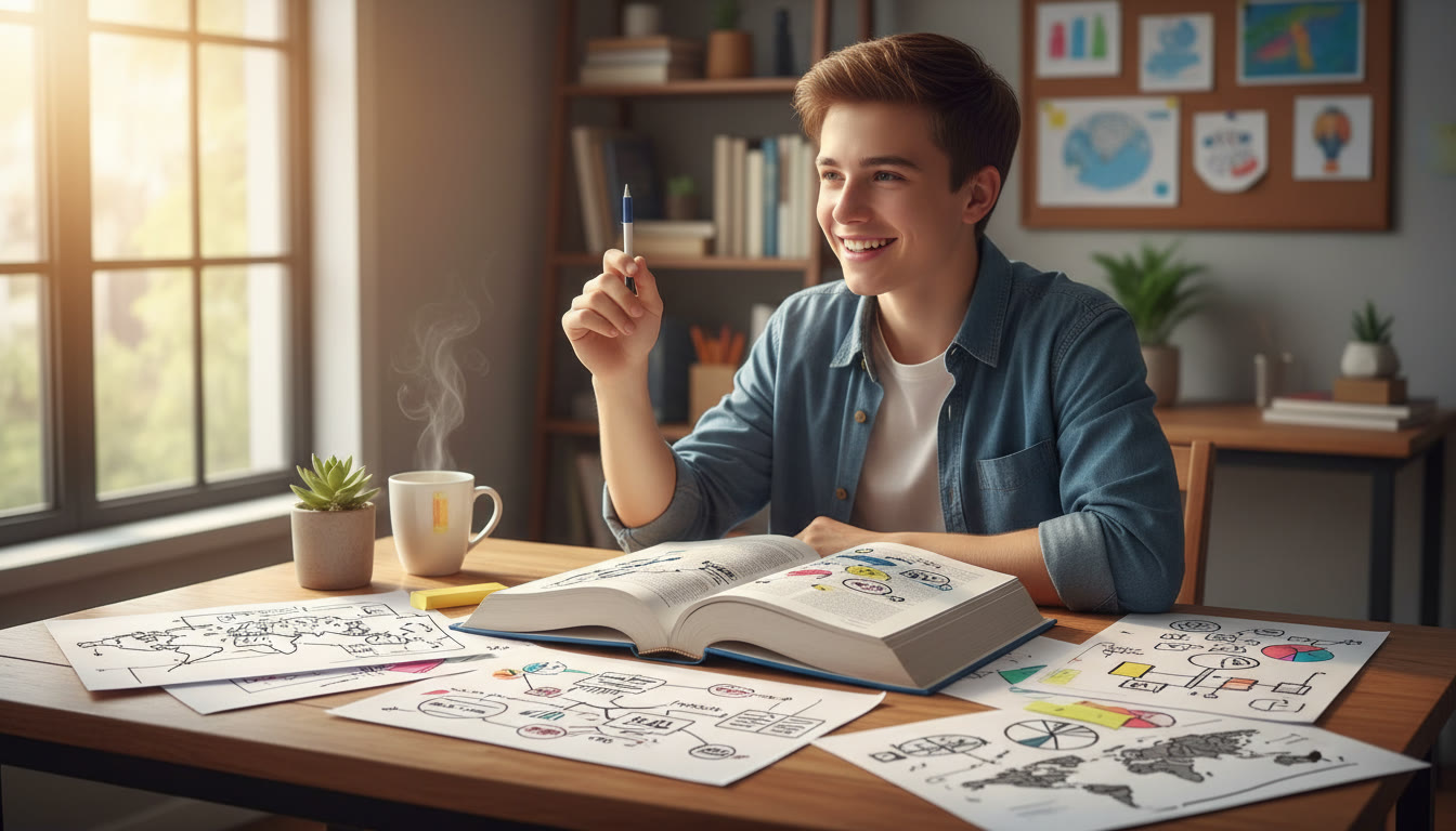 Photo Idea : Student at a desk surrounded by annotated case-study notes and an open politics textbook