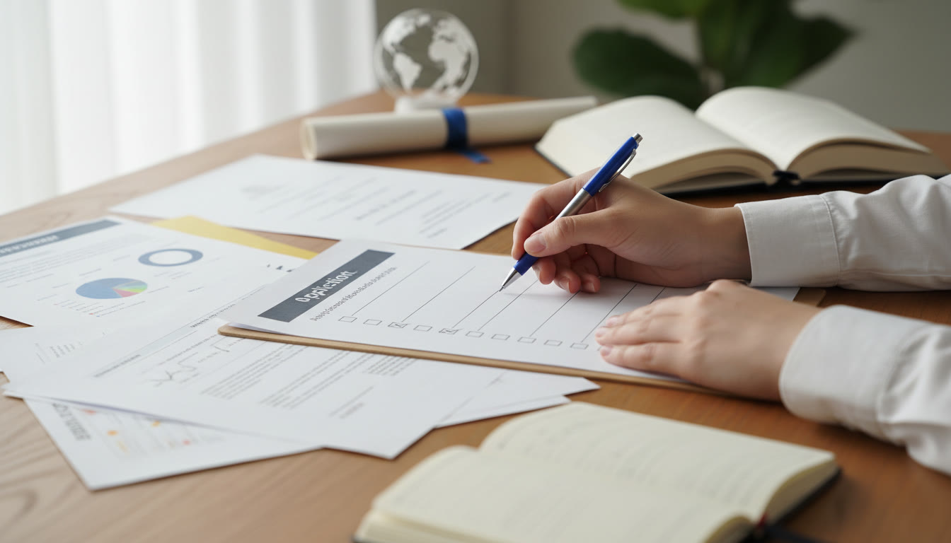 Photo Idea : Close-up of hands checking a printed checklist with application documents spread out