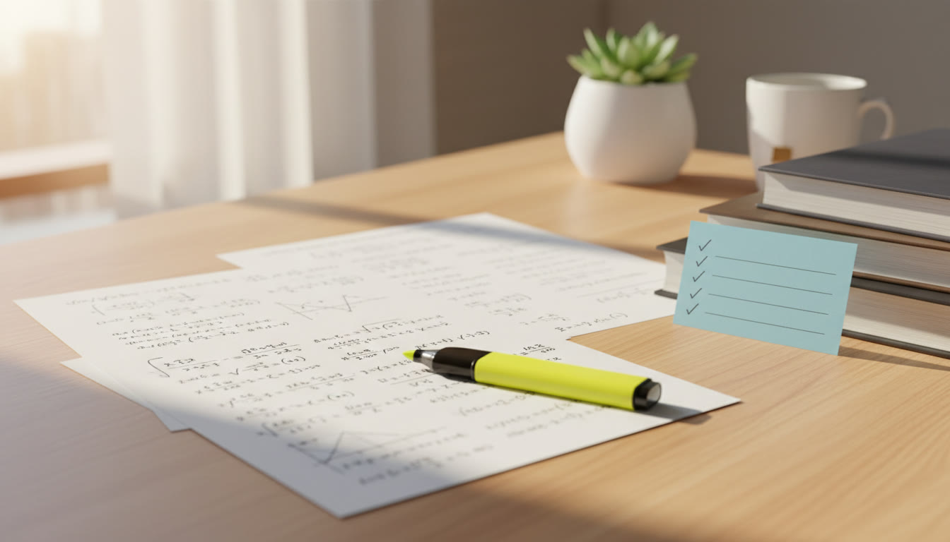 Photo Idea : Student desk with neatly arranged equation sheets, highlighter, and a small checklist card