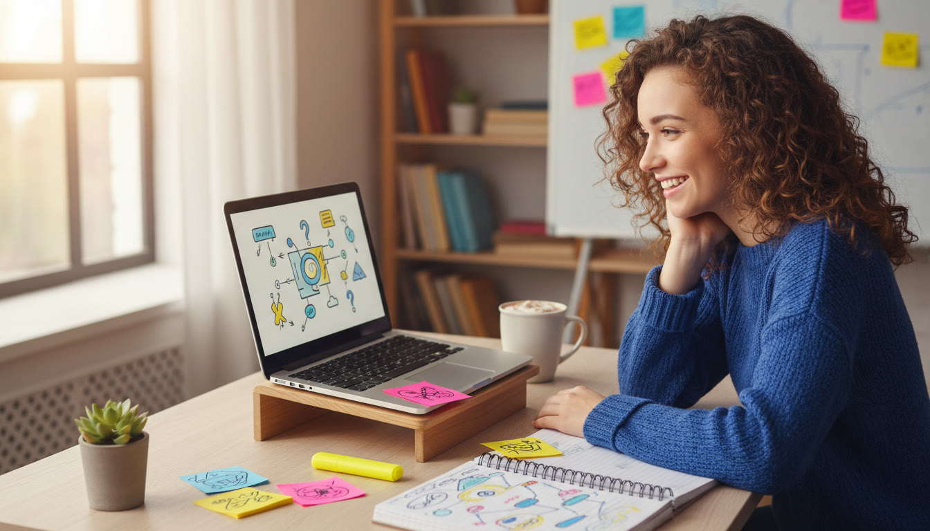 Photo Idea : a student at a desk with an open laptop displaying a TOK prompt, colorful notes and a highlighter
