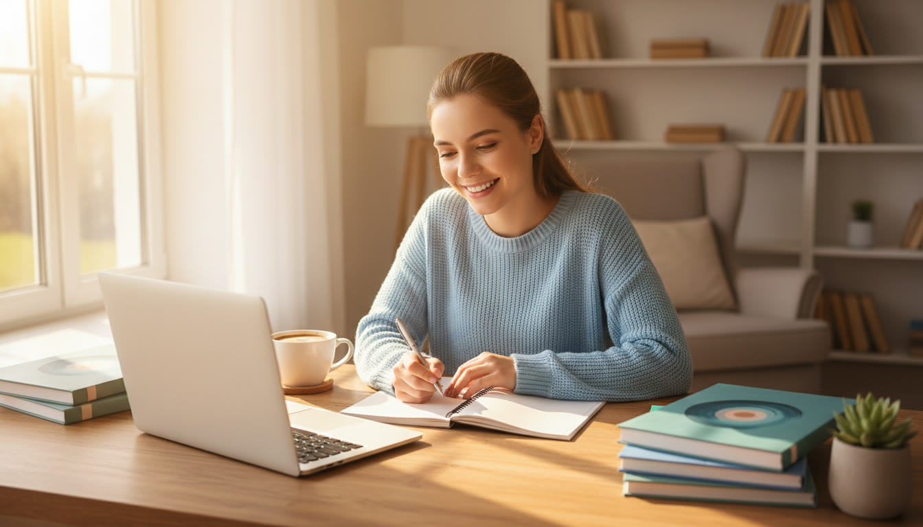 Photo Idea : Student writing at a sunlit desk with IB notebooks, a laptop, and a cup of coffee