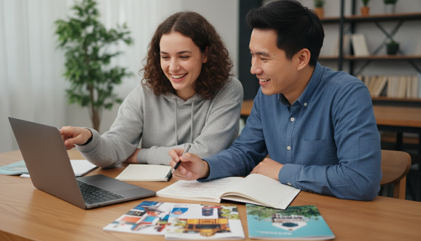 Photo Idea : a student working one-on-one with a tutor over a laptop and notebook, with university brochures nearby