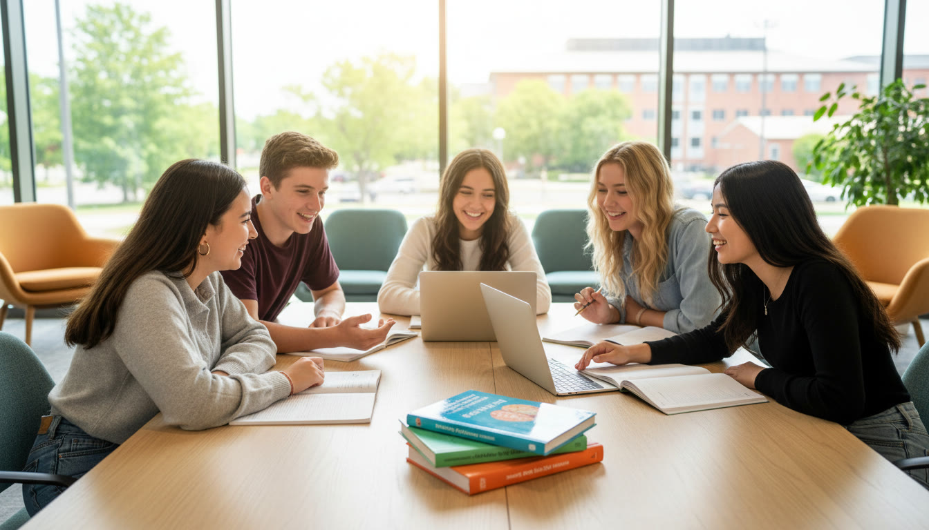 Photo Idea : A diverse group of high-school students in a bright study space, discussing notes and smiling over a laptop with psychology textbooks visible.