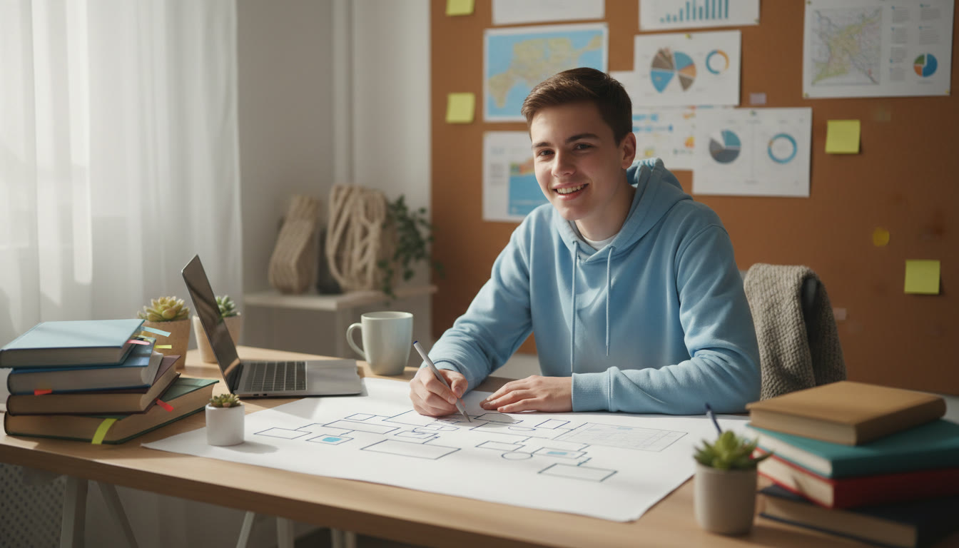 Photo Idea : Student at a tidy desk surrounded by books and a laptop, sketching a twoโyear plan on a large sheet of paper