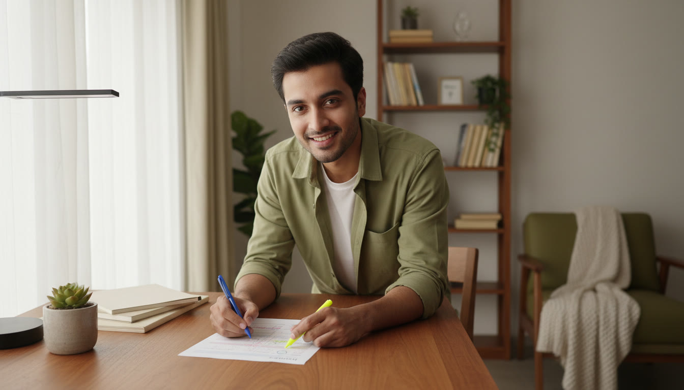 Photo Idea : a focused student analyzing a marked NEET mock test paper with a pen and highlighter on a desk