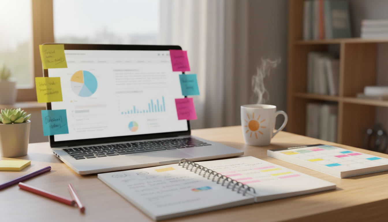 Photo Idea : A focused desk with a laptop, open research notes, colored sticky notes, and a compact weekly planner showing time blocks.