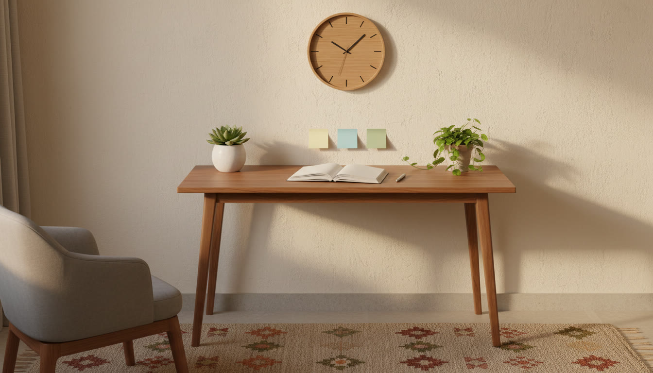 Photo Idea : A calm study nook with a simple desk, an open notebook, a few sticky notes, and a wall clock showing early morning time