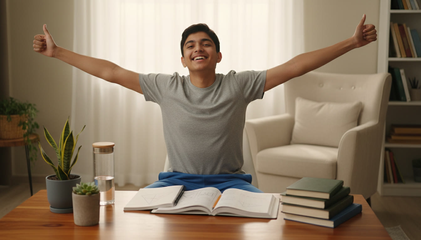 Photo Idea : student stretching and smiling beside neat revision notes and a reusable water bottle