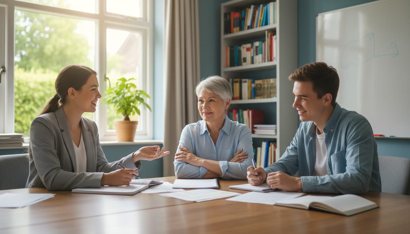 Photo Idea : Two students practicing a mock interview with a coach in a bright study room