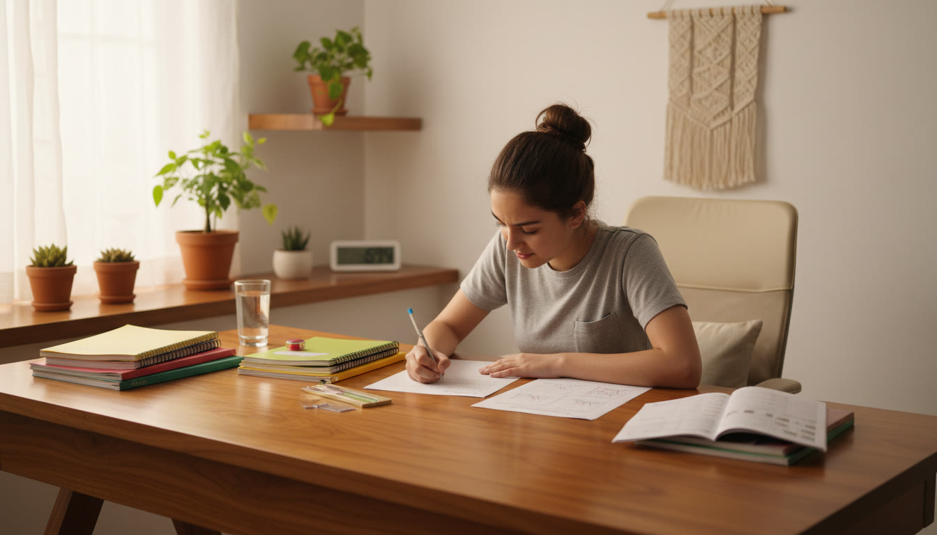 Photo Idea : a study desk with neatly arranged notebooks, an open question paper, and a student writing a timed mock test
