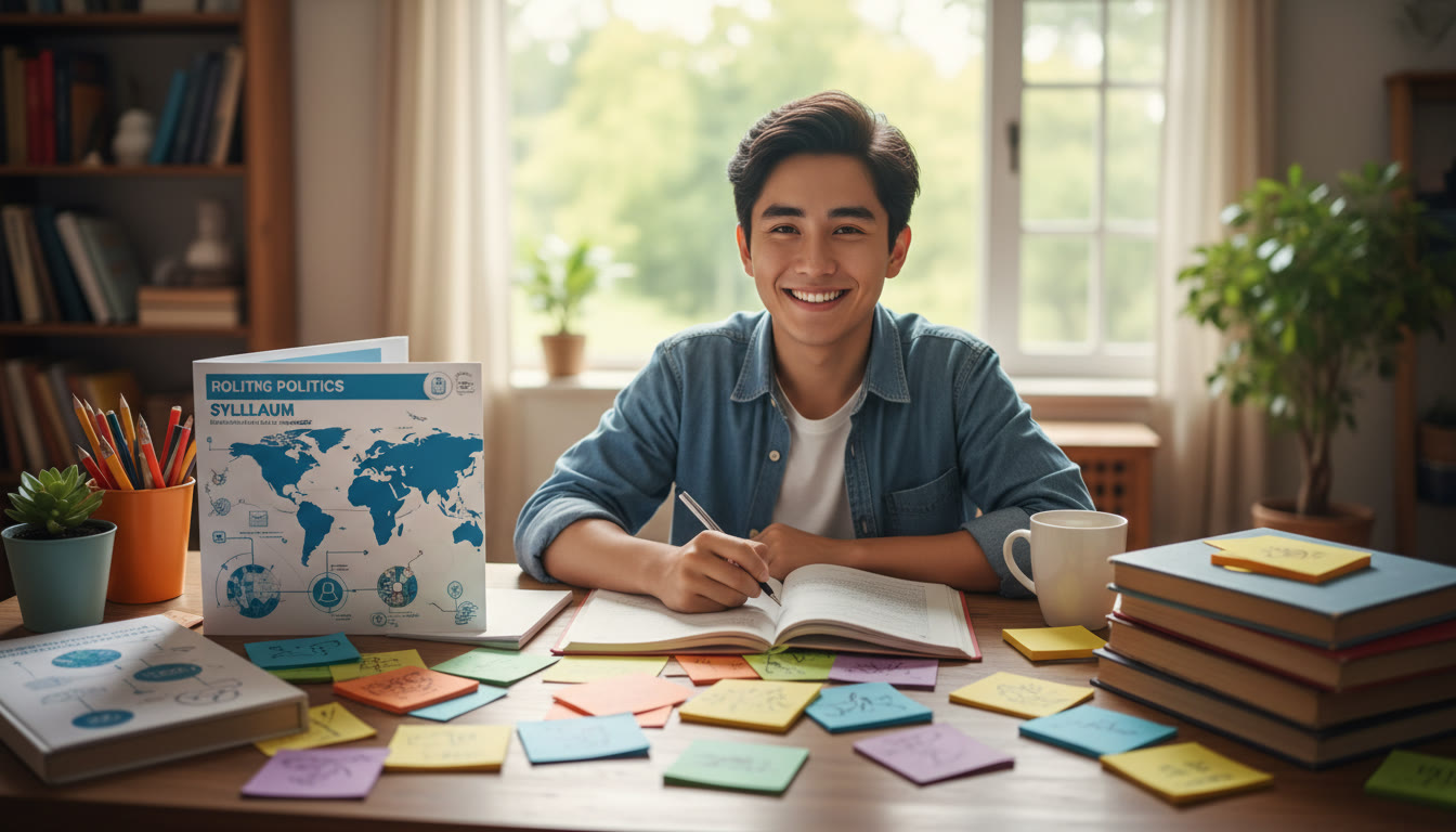 Photo Idea : A student at a desk surrounded by colorful notes and a printed global politics syllabus