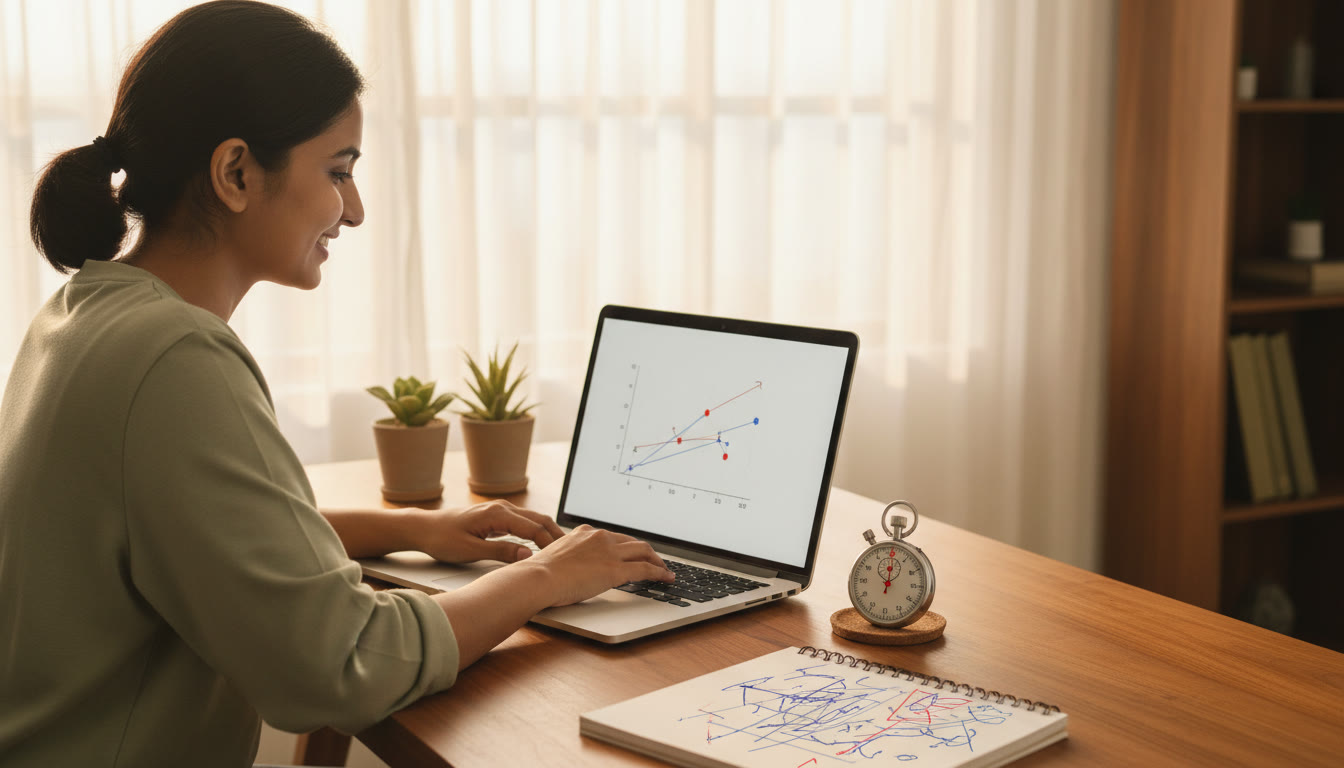 Photo Idea : A student taking a timed mock test on a laptop with a stopwatch and neat error-notes beside it