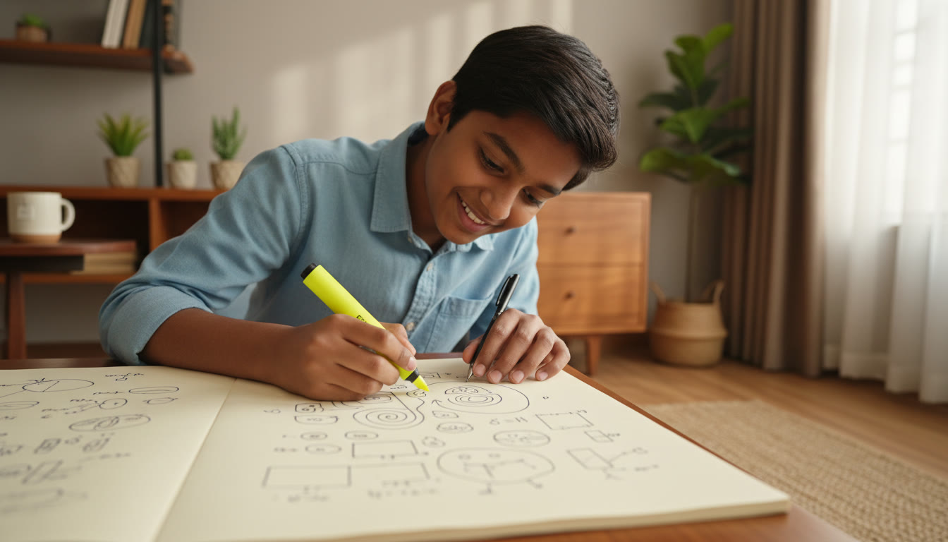 Photo Idea : Close-up of a student highlighting key formulae and drawing a biology diagram on a study pad