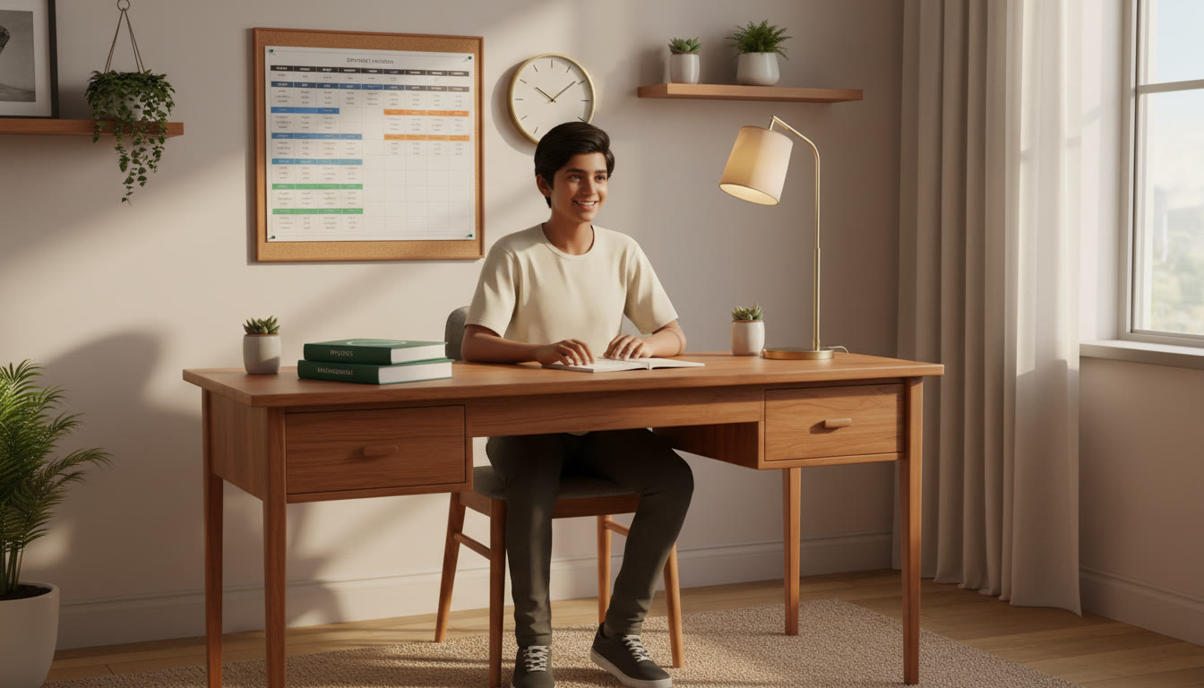 Photo Idea : A focused student at a desk with a color-coded timetable, clock, and Physics, Chemistry, and Mathematics textbooks neatly arranged.