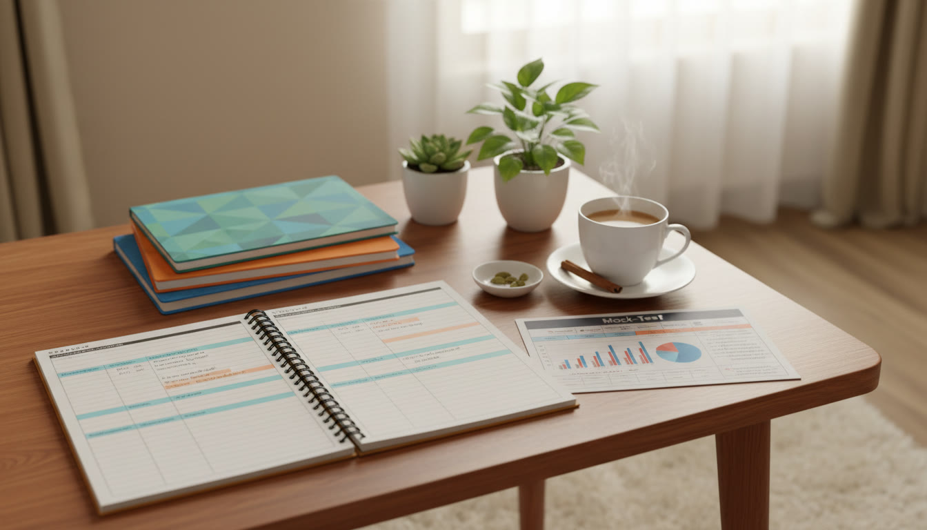Photo Idea : A tidy study planner laid out on a desk with color-coded notebooks and a mock-test scorecard beside a cup of tea.