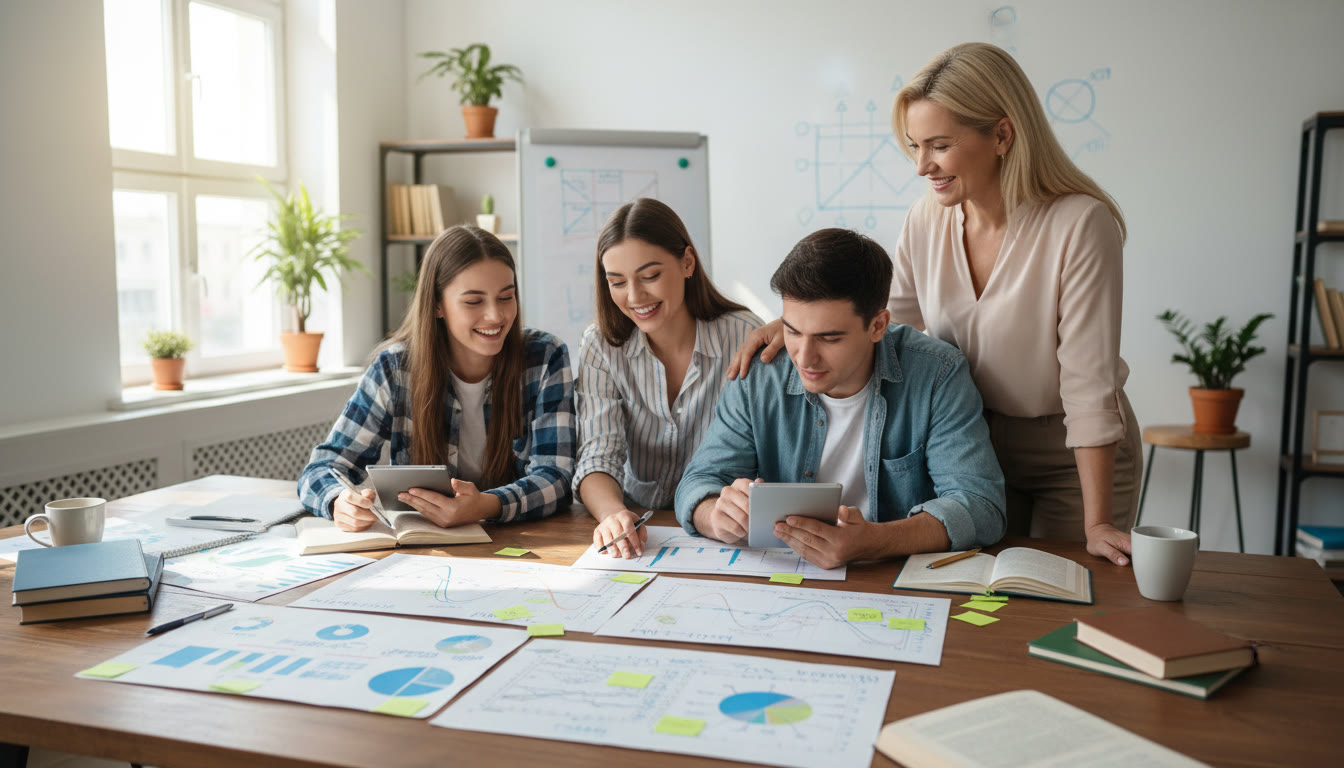 Photo Idea : A small group study session with students reviewing annotated graphs and a teacher giving feedback