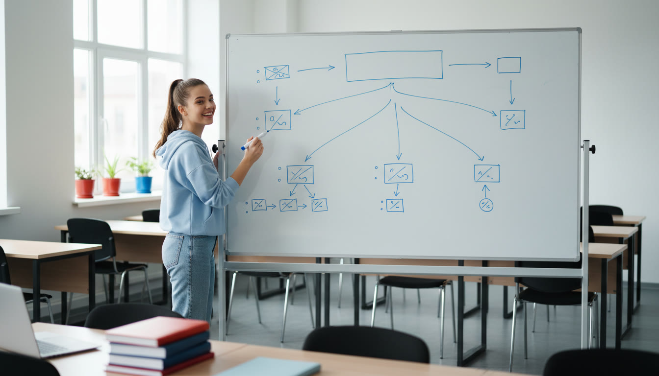 Photo Idea : Student at a whiteboard sketching an essay outline with bullet points and supporting evidence