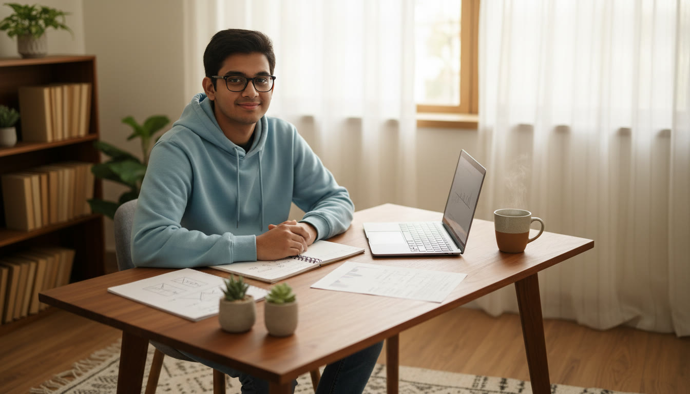Photo Idea : A student calmly studying at a desk with a notebook, laptop, and a mock-test paper beside them
