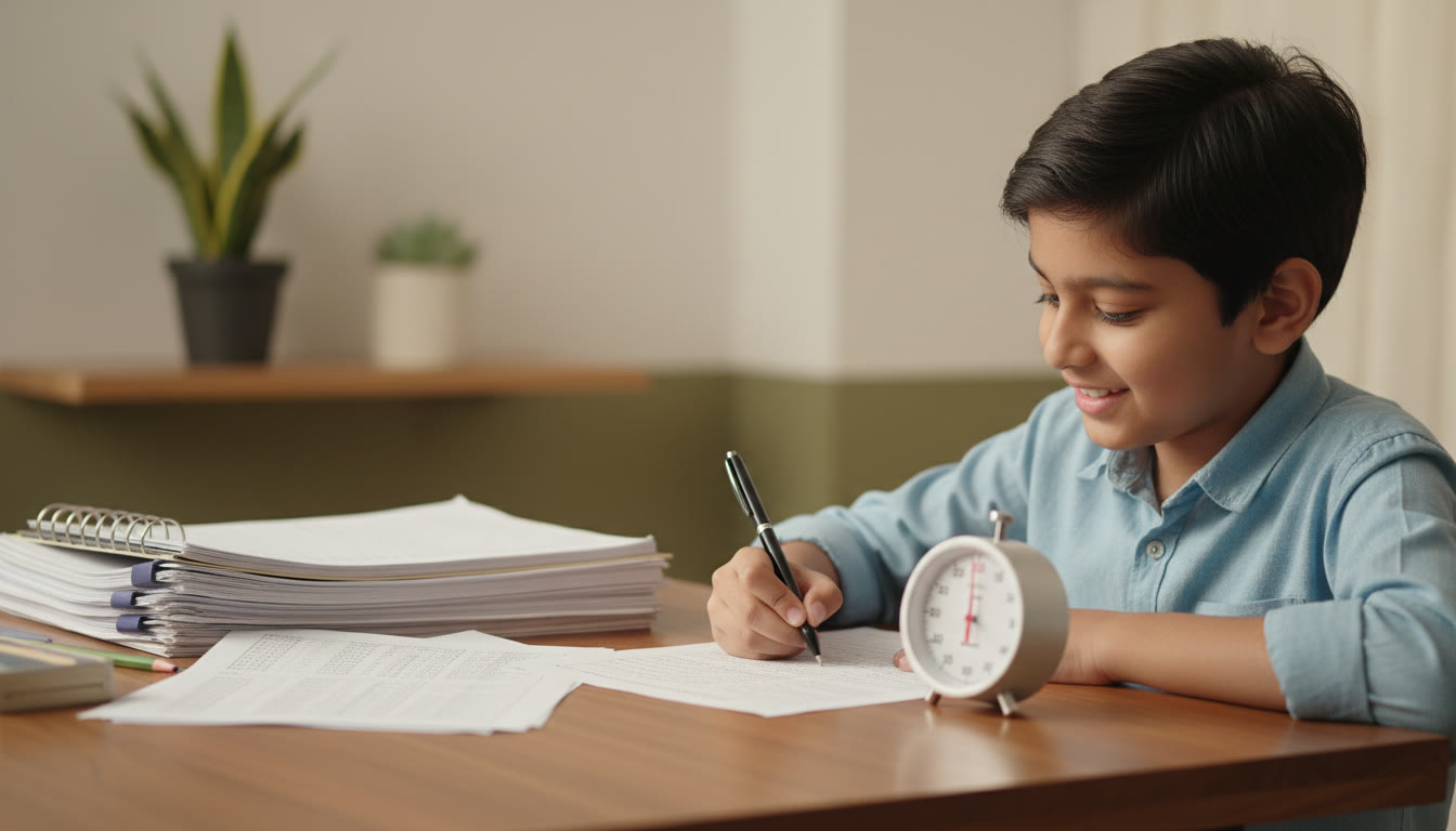 Photo Idea : Close-up of a student filling an OMR sheet with a timer and a pile of practice question papers beside them