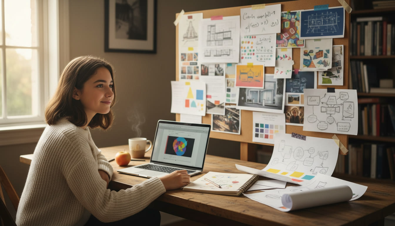 Photo Idea : A student at a wooden desk with a laptop, sketchbook, and scattered project pages, looking thoughtfully at a mood board