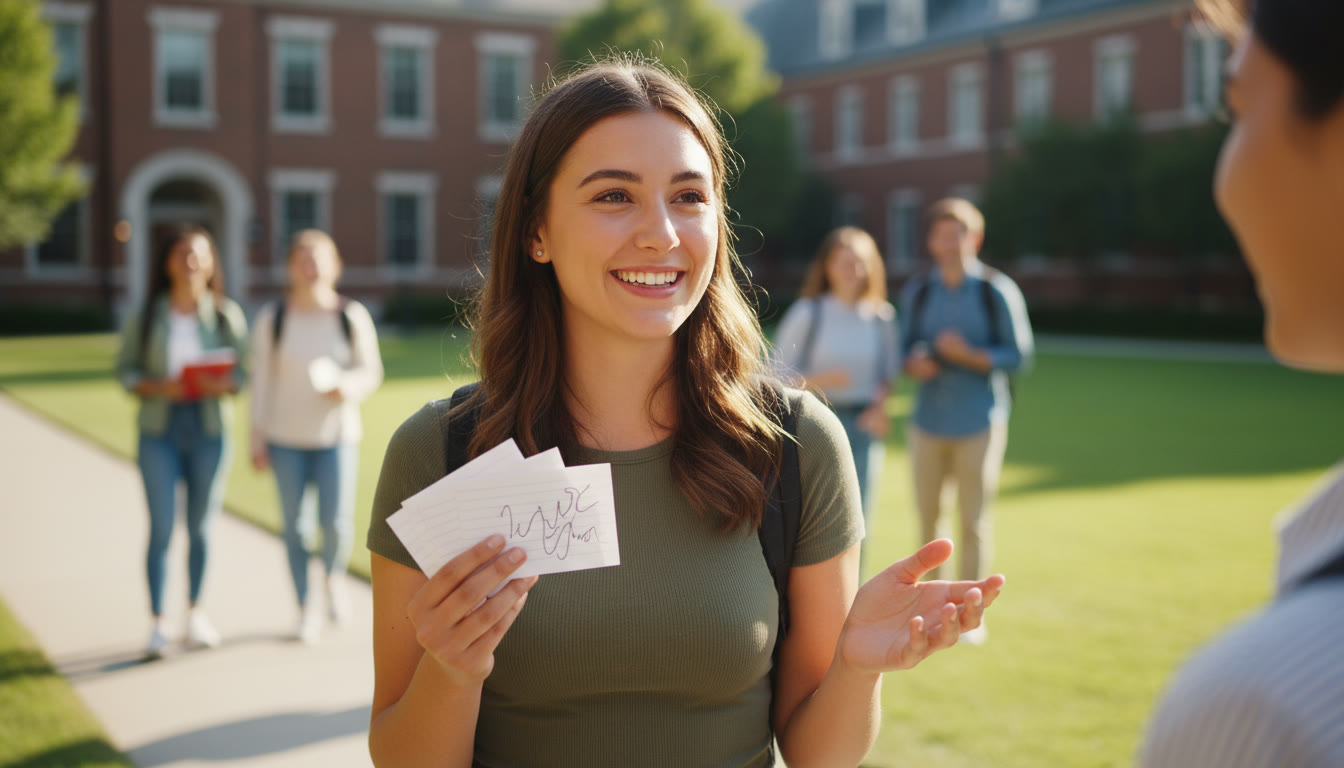 Photo Idea : Student practicing an interview while holding notecards with two-sentence impact statements