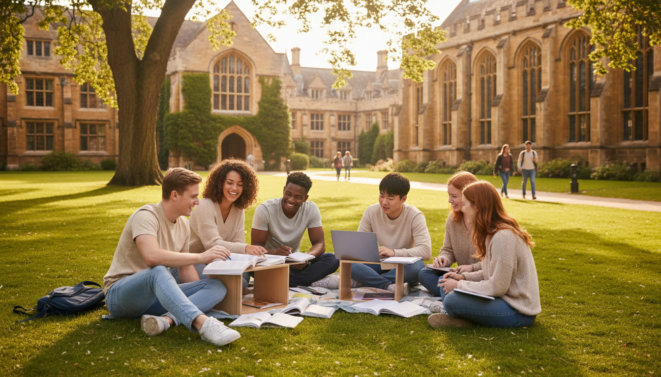 Photo Idea : A diverse group of IB students studying on a sunny lawn with historic stone university buildings in the background