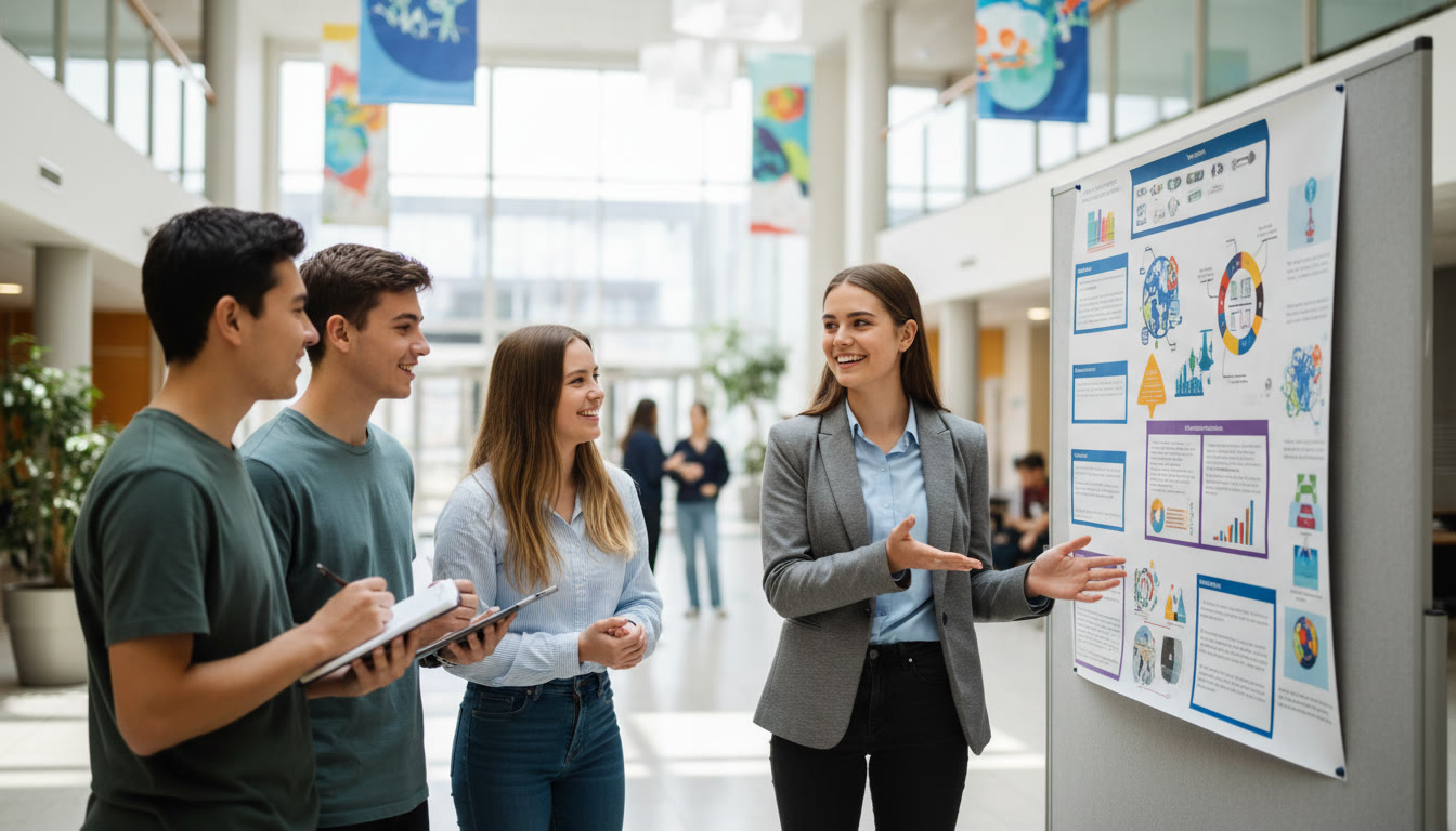 Photo Idea : A student presenting a research poster to a small audience in a school hall