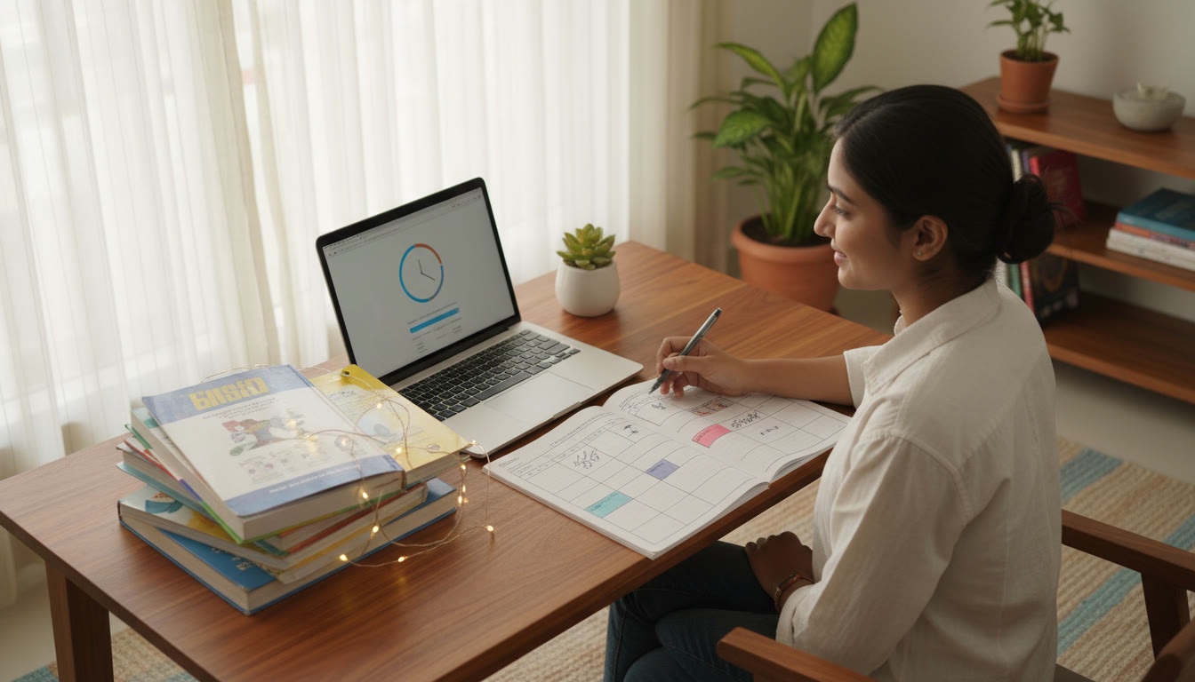 Photo Idea : Student at a tidy desk with schoolbooks, a laptop showing a mock test timer, and a handwritten weekly planner