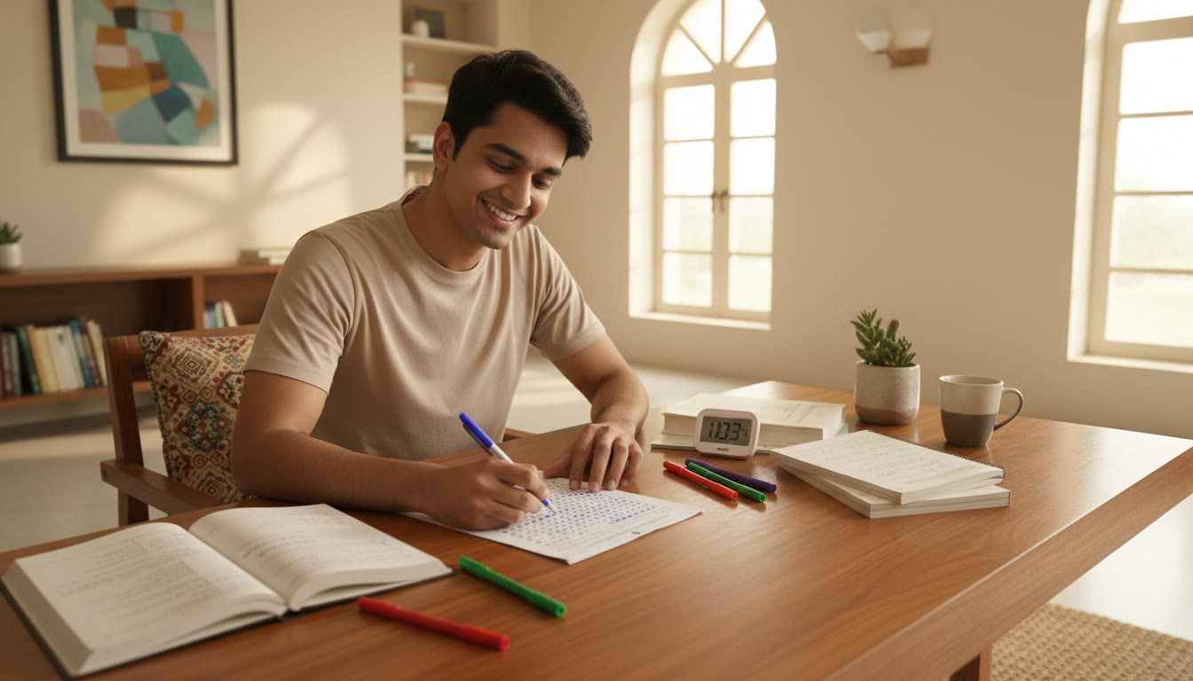 Photo Idea : Student marking answers on an OMR sheet with colored pens, surrounded by open notebooks and a timer