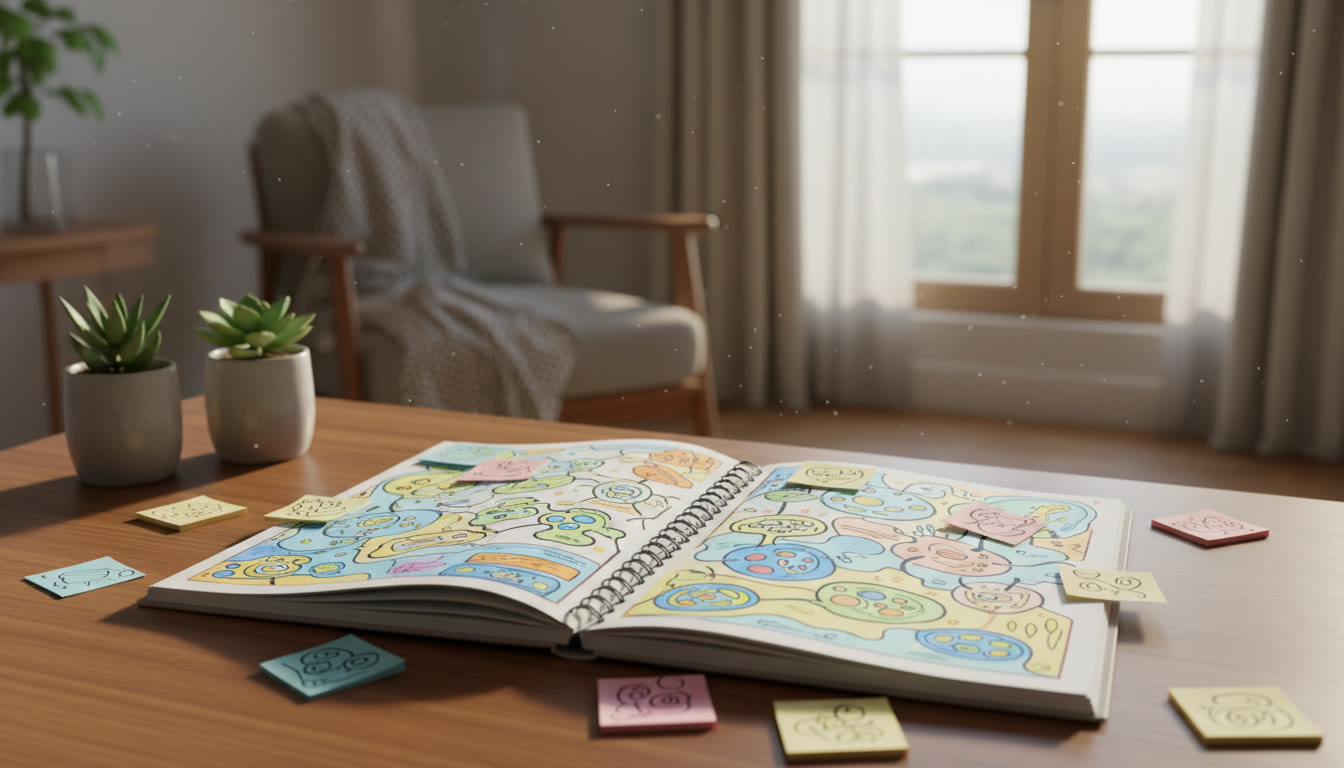 Photo Idea : A notebook open to a colourful concept map for a Biology chapter, with labeled diagrams and sticky notes