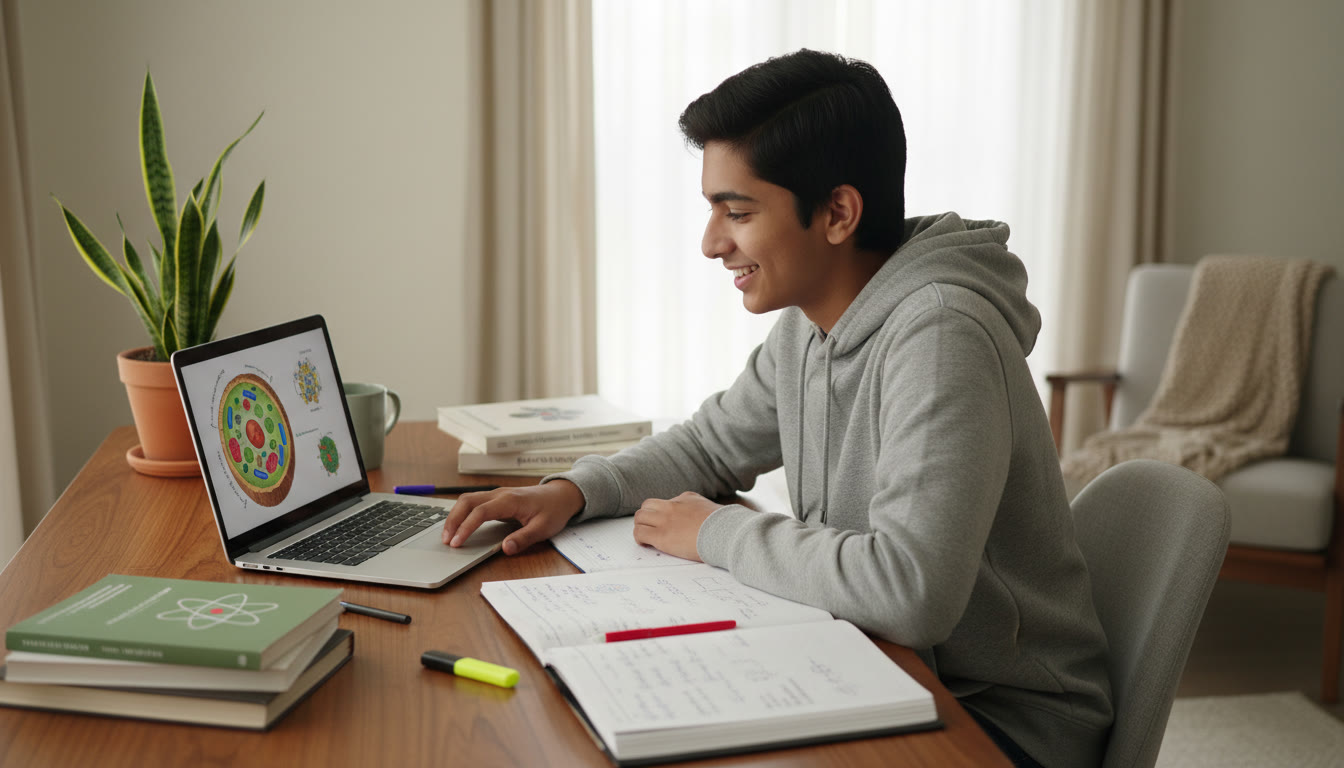 Photo Idea : A focused student at a tidy desk with science textbooks, notes, and a laptop open to a diagram