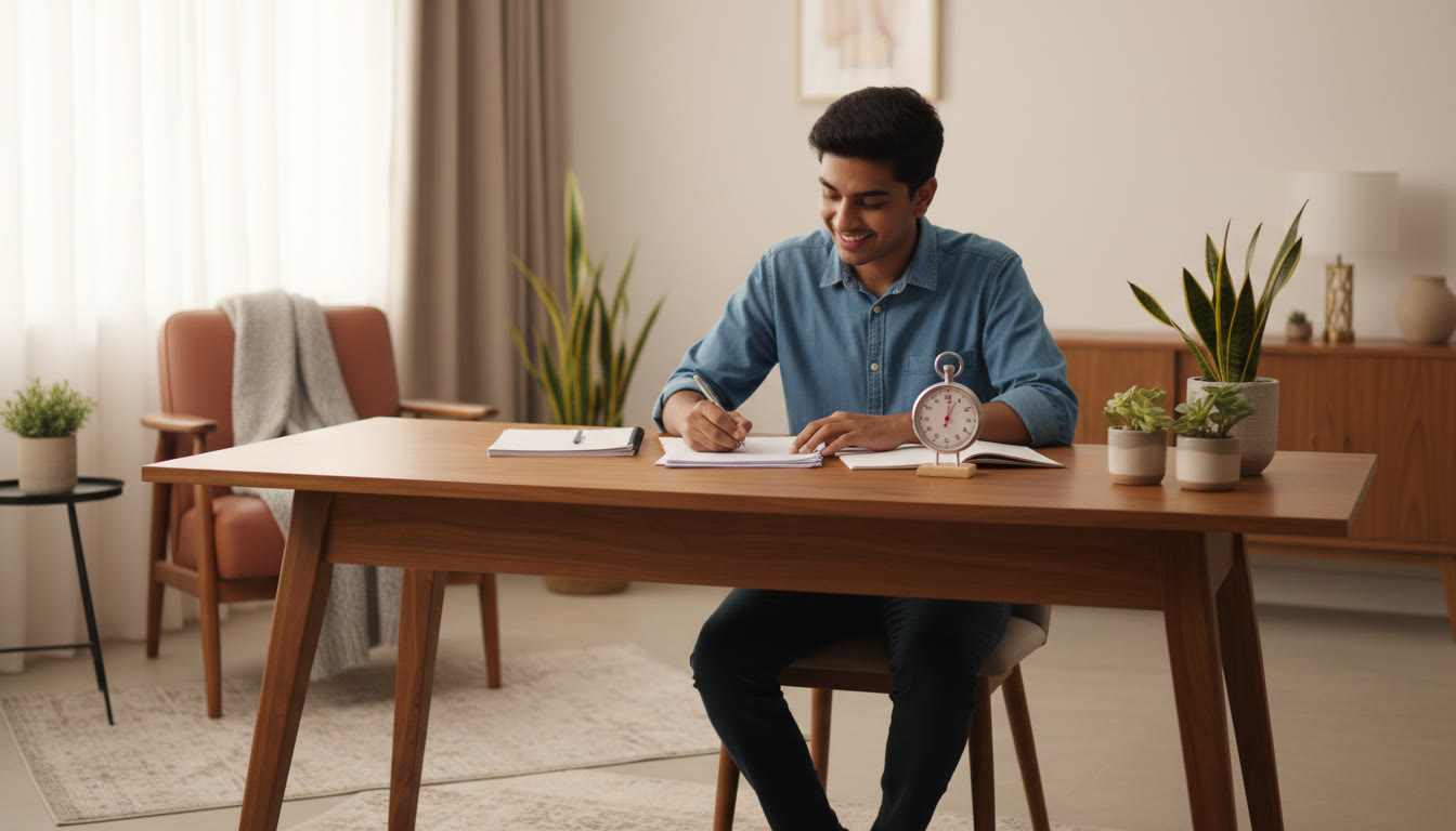 Photo Idea : Student taking a full-length mock test at a desk with a stopwatch and a notebook